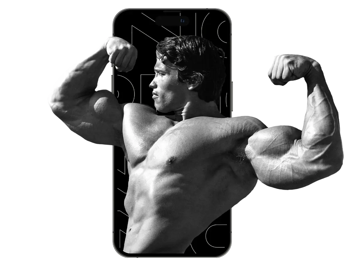 iPhone mockup with topless Arnold showing his muscles