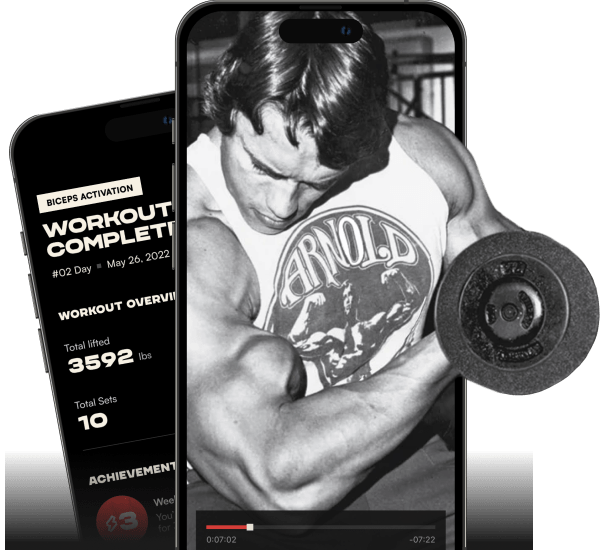 App screen with video of Arnold doing bicep curl
